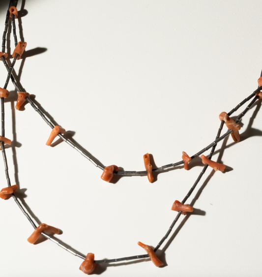 "Navajo Necklace Featuring Vintage Coral and Silver Tubes"