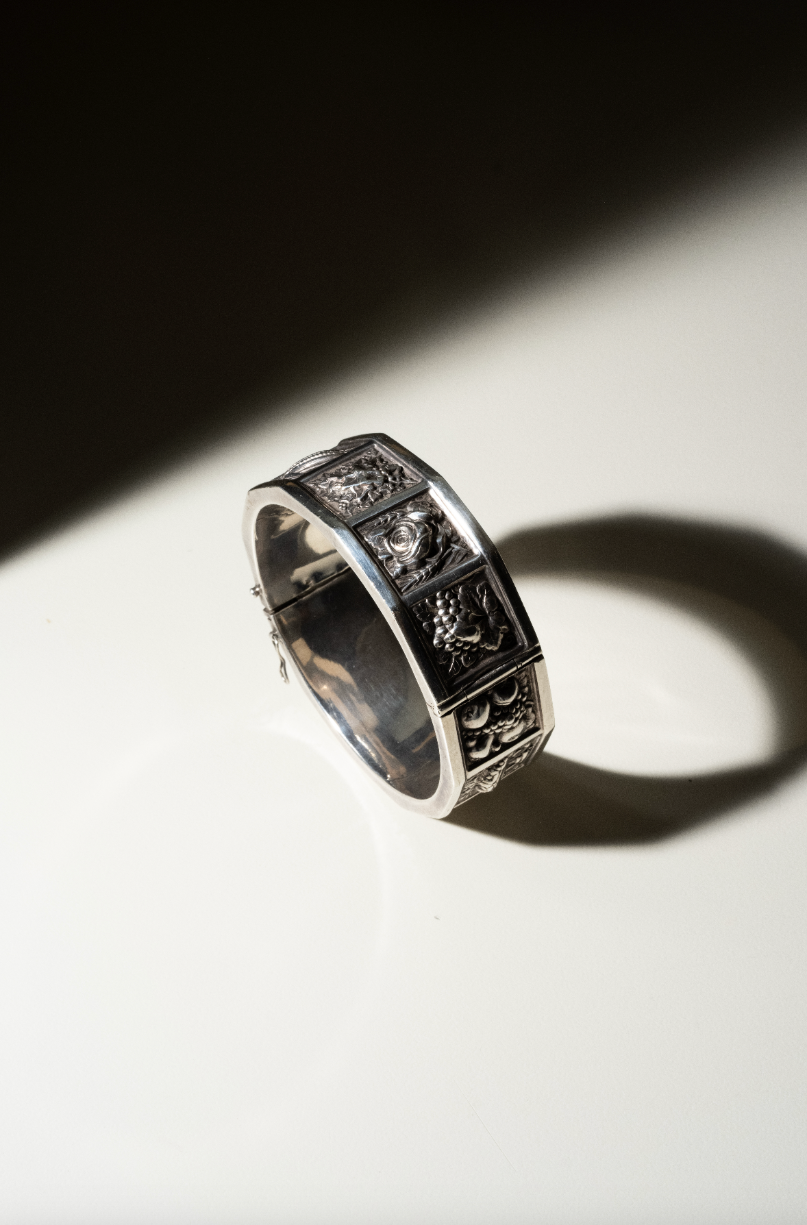 "1950s Handmade Silver Stamped Relief Bracelet Featuring Fruits and Vegetables"